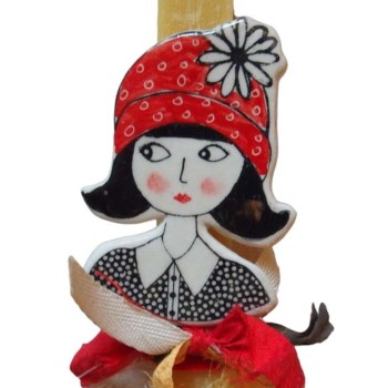 Λαμπάδα με κεραμική καρφίτσα με γυναικεία φιγούρα με λουλούδι