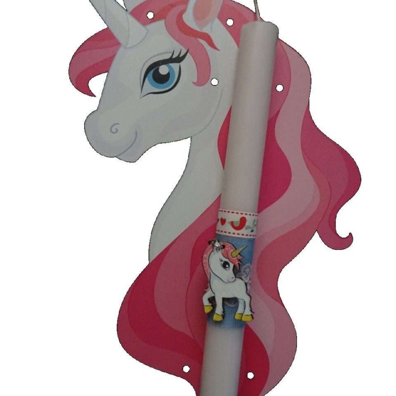 Λαμπάδα με μπρελόκ μονόκερο και ξύλινη βάση