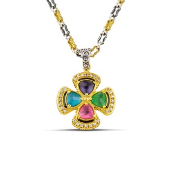 Μενταγιόν τετράπετρο πολύχρωμο με τριγωνικά Cat Eye και δίχρωμη αλυσίδα