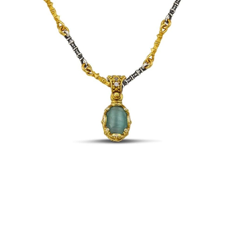 Μενταγιόν Ασημένιο Διπλής Όψεως με Cat Eye Πέτρες