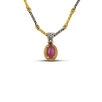 Μενταγιόν Ασημένιο Cat Eye Πέτρα και Επίχρυσο Περίγραμμα