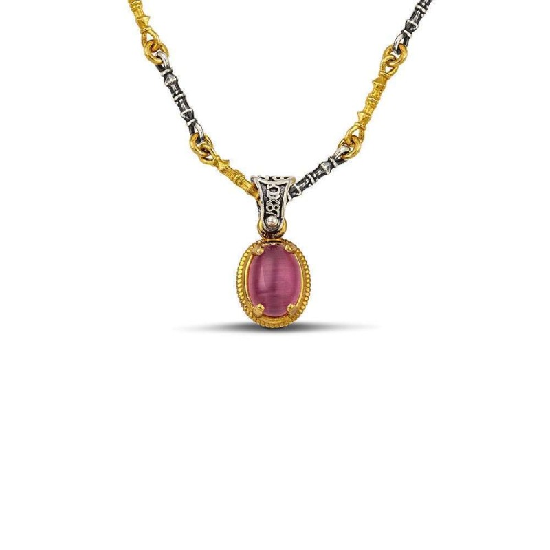 Μενταγιόν Ασημένιο Cat Eye Πέτρα και Επίχρυσο Περίγραμμα