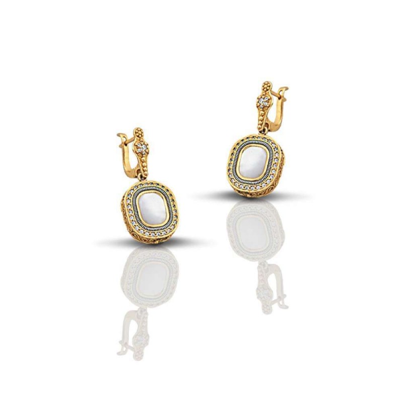 Σκουλαρίκια Ασημένια Διπλής Όψεως Με Mother Of Pearl Και Μπλε Ζιργκόν
