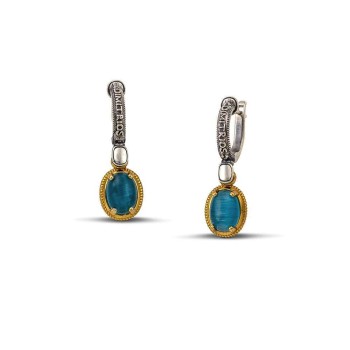 Σκουλαρίκια Ασημένιο με Cat Eye Πέτρες και Επίχρυσο Περίγραμμα